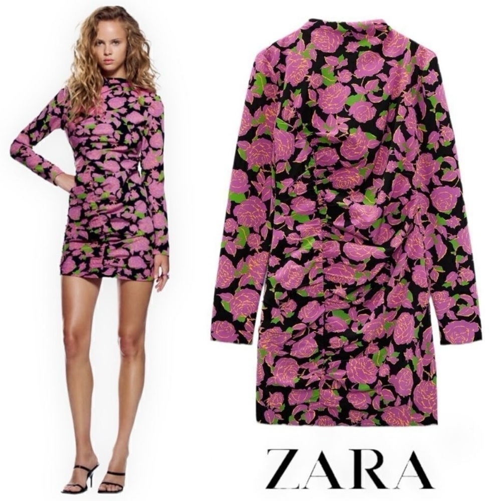 Zara Floral Ruched Mini Dress Size XS